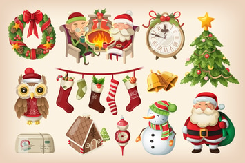 Set of colorful Christmas items.