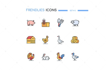 Farm animals and objects - line design style icons