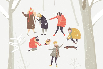 Group of happy people playing snowballs 