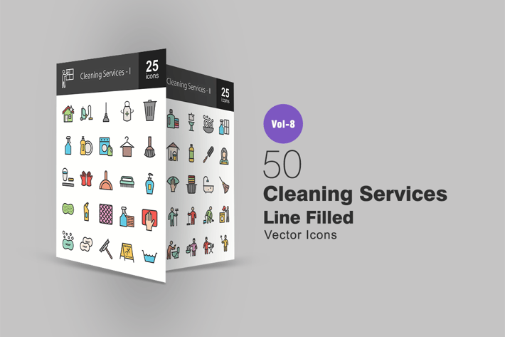 50 Cleaning Services Line Filled Icons
