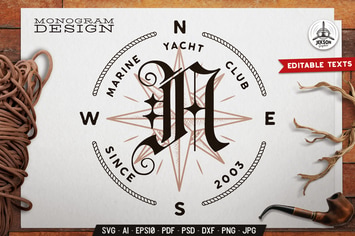 Marine Club Monogram Template With Wind Rose, Rope