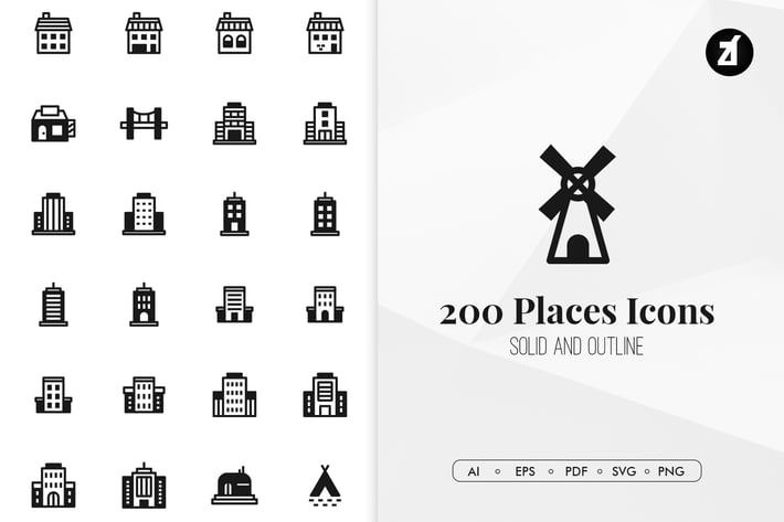 200 Places and buildings minimal icons