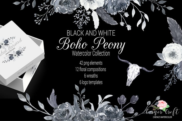 Watercolor Boho Peony Black and White