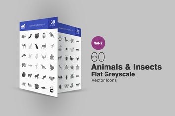 60 Animals & Insects Greyscale Icons
