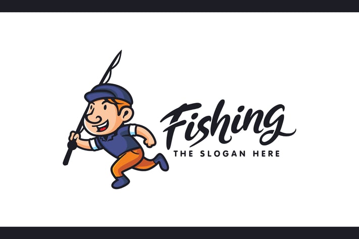 Happy Kid With Fishing Rod Character Mascot Logo