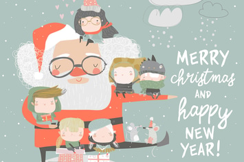 Santa Claus with happy children and gifts. Vector 