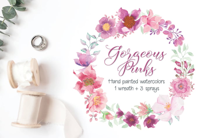 Watercolor Wreath and Sprays in Pinky Shades
