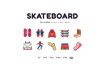 30 Icons Skateboard Lineal Color Style