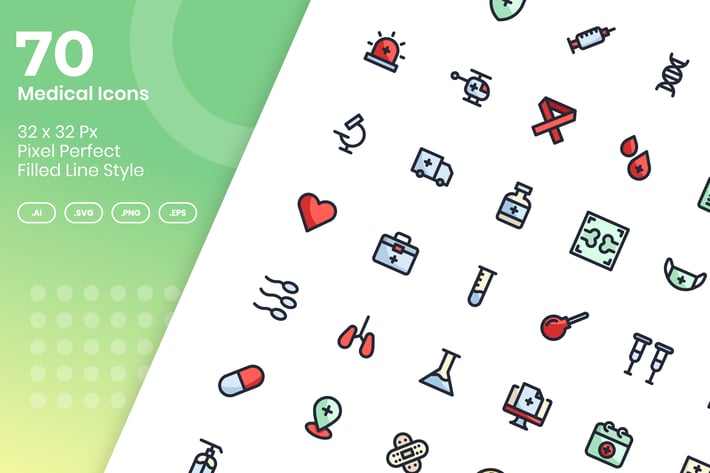 70 Medical Icons Set - Filled Line