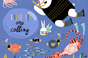 Set of cute cartoon animals swimming underwater. 