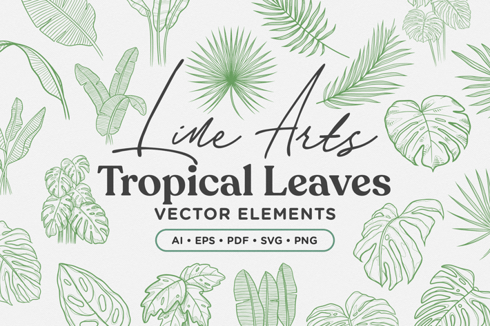 Tropical Leaves Lineart Vector Elements
