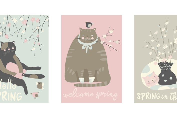 Vector cartoon set of cute cats with blossom branc