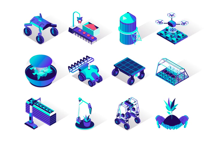 Agriculture Robotisation Isometric Icons Set