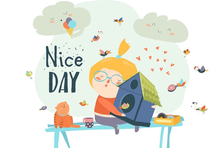 Cute girl hugging birdhouse. Vector 