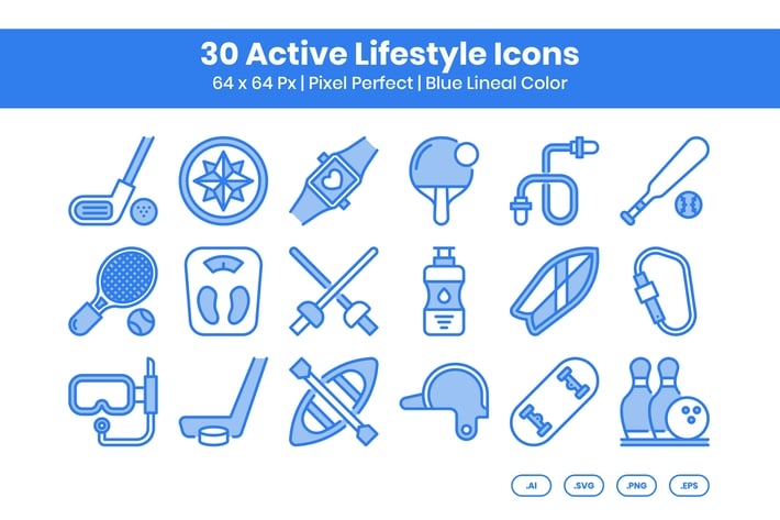 30 Active Lifestyle Icons Set - Blue Lineal Color