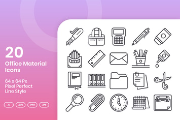 20 Office Material Icons Set - Line