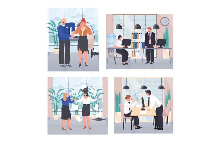 Conflict Situations At Work Concept Scenes Set