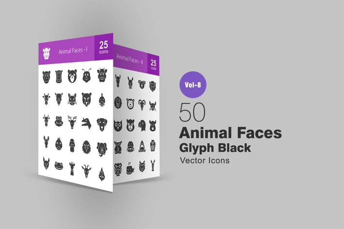 50 Animal Faces Glyph Icons