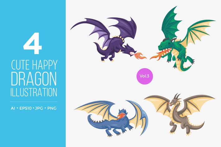 Cute Happy Dragon Vector Character Set 3