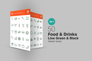 50 Food & Drinks Line Green & Black Icons