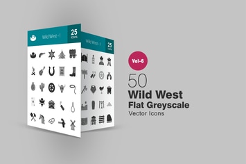 50 Wild West Flat Greyscale Icons