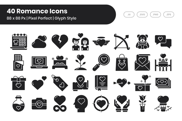 40 Romance Icons Set - Glyph Style