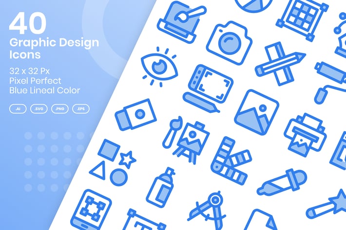 40 Graphic Design Icons Set - Blue Lineal Color