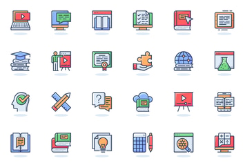 Online Education Flat Line Web Icons Set