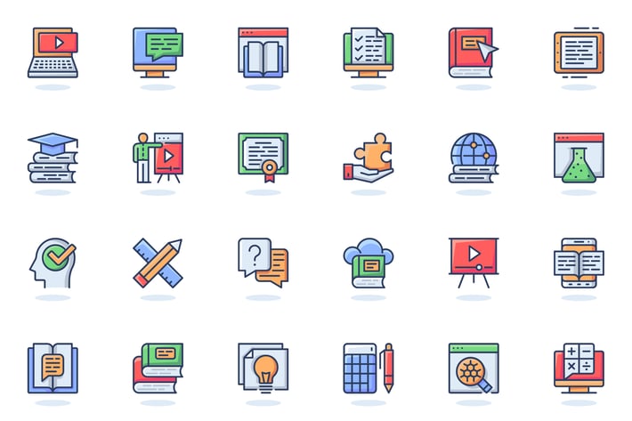 Online Education Flat Line Web Icons Set