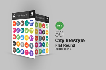 50 City Lifestyle Flat Round Icons