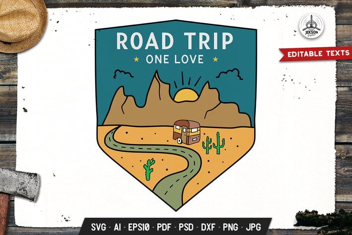 Road Trip Badge, Vector Travel Retro Graphic Label