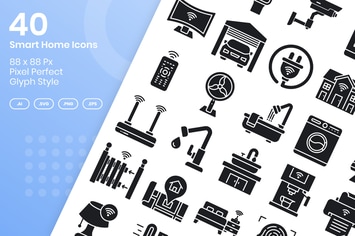 40 Smart Home Icons Set - Glyph