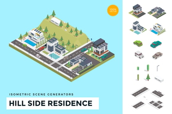 Isometric Hill Side Residence Vector Scene Creator