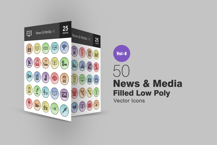 50 News & Media  Filled Low Poly Icons