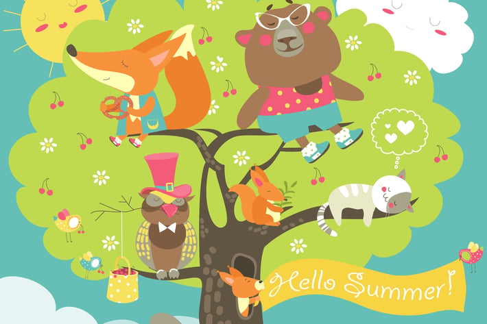 Cartoon characters and summer elements. 