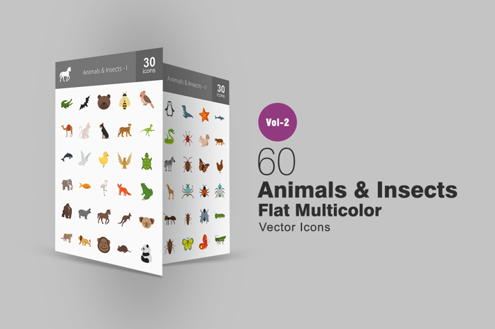 60 Animals & Insects Flat Multicolor Icons