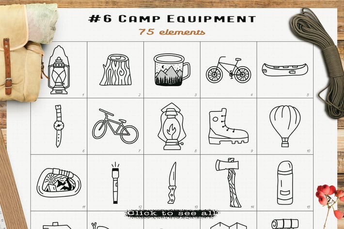 Camp Equipment Icons Set Line Art Graphics Symbols