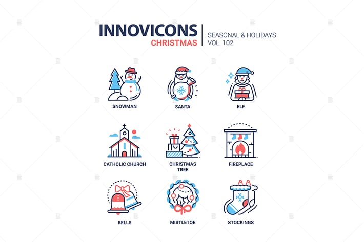 Christmas symbols line design style icons set