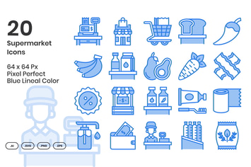 20 Supermarket  Icons Set - Blue Lineal Color
