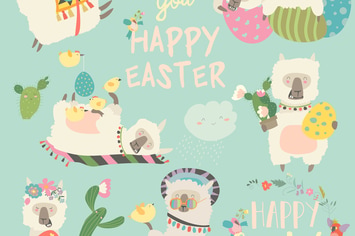 Cute llama or alpaca with Easter eggs. Vector set