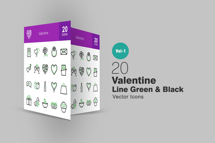 20 Valentine Line Green & Black Icons 