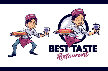 Cartoon Serving Pizza Boy Character Mascot Logo