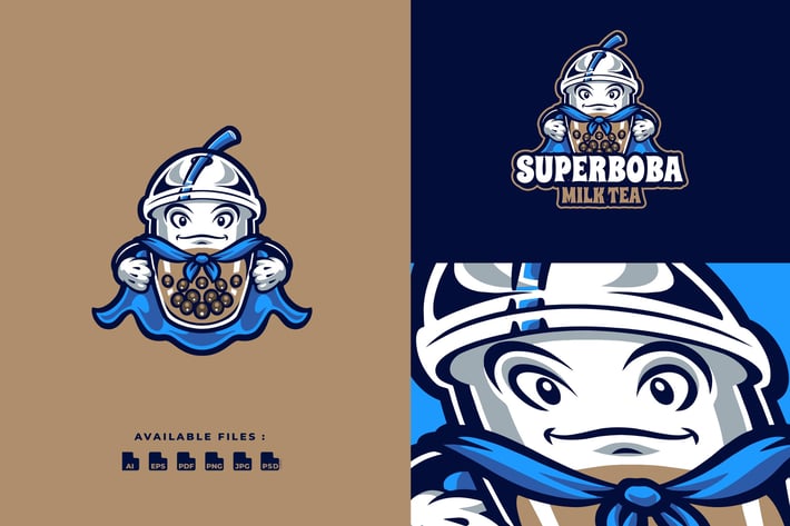 Super Boba Drink Cartoon Mascot Character Logo