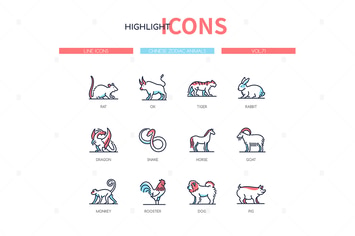 Chinese zodiac animals - line design style icons
