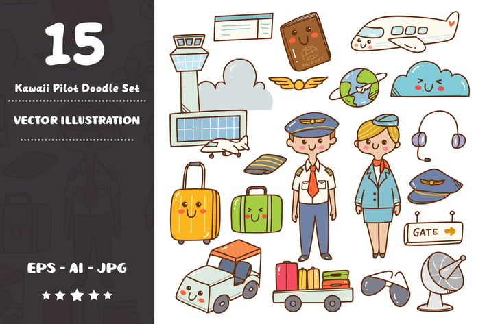 Kawaii Pilot Doodle Set