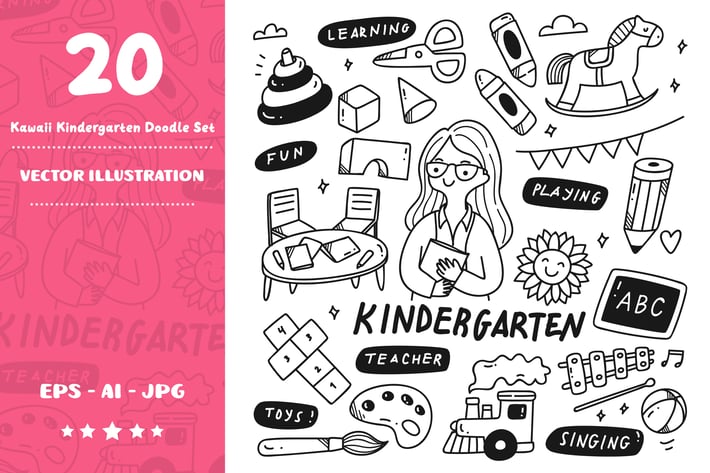 Kawaii Kindergarten Teacher Doodle Set