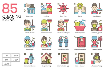 85 Cleaning Line Icons