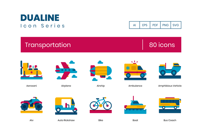 80 Transportation Flat Icons
