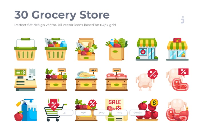 30 Grocery Icons - Flat