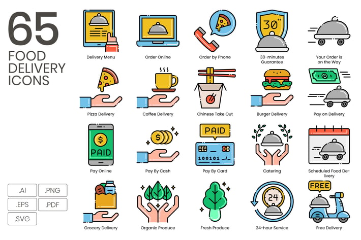 65 Food Delivery Line Icons